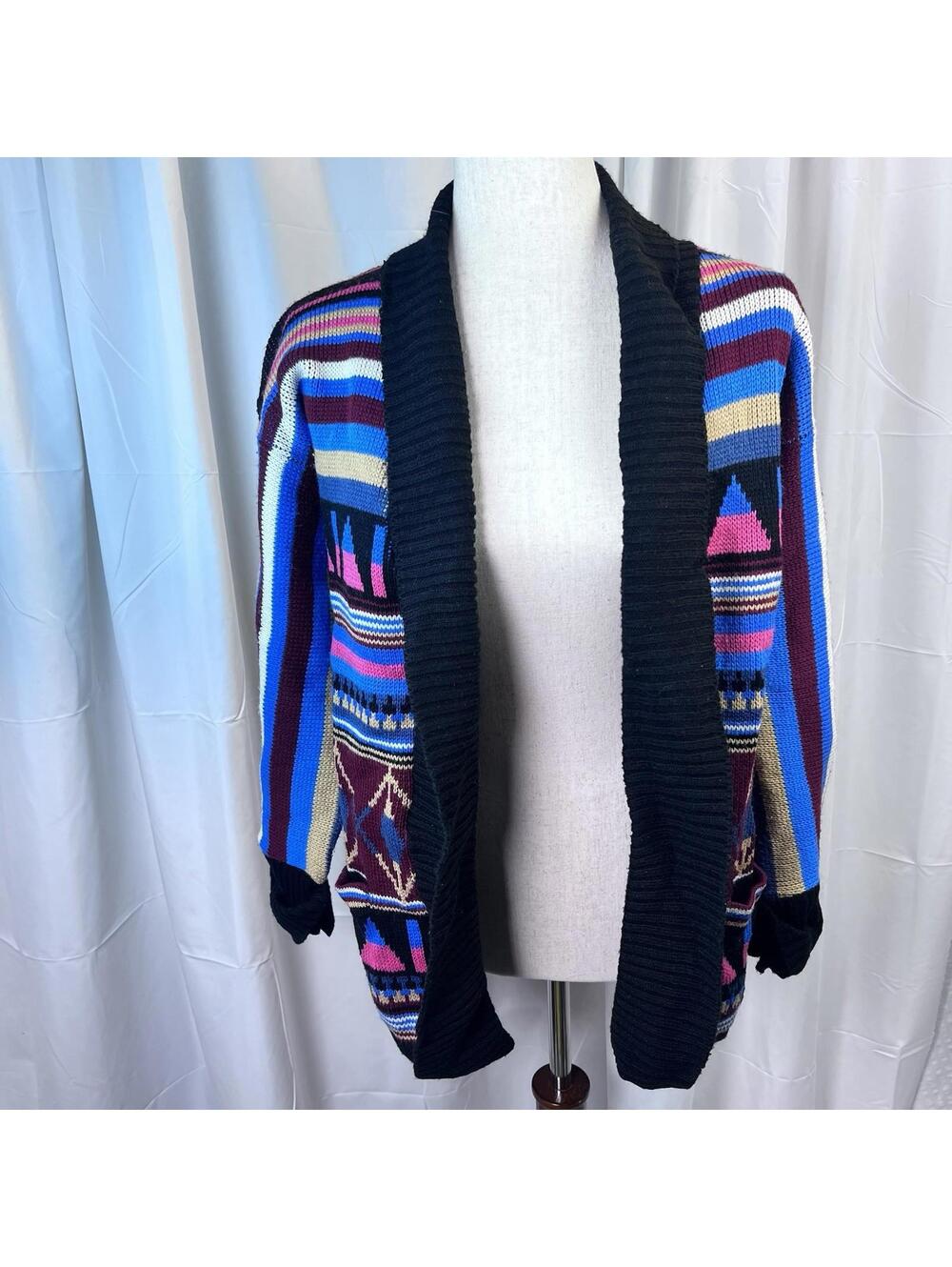 Open-Front Geometric Stripe Sweater Cardigan - Multicolor